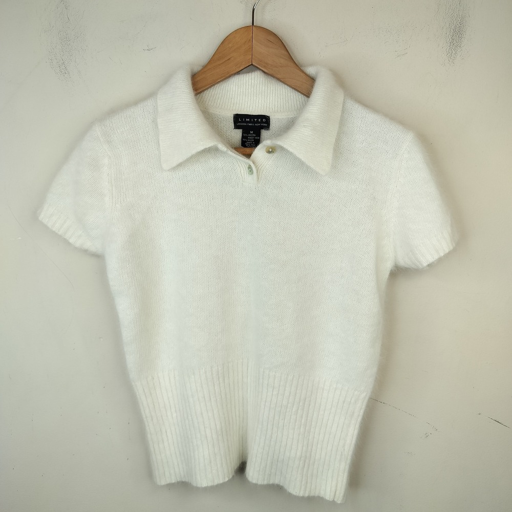 Limited 70% Angora Vintage Polo Sweater Medium Fuzzy Soft White Hong Kong